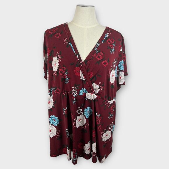 Torrid Burgundy Red Studio Knit Surplice Wrap Top Floral Short Sleeve V-Neck 5X - Picture 1 of 7